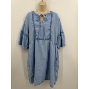 Cristina Vergani Linen Blend Peasant Dress XL Blue Keyhole Neck